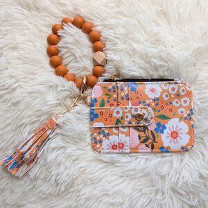 Floral Card & Coin Holder w/ Bracelet | Rust Silicone Bead Keychain + Tassel